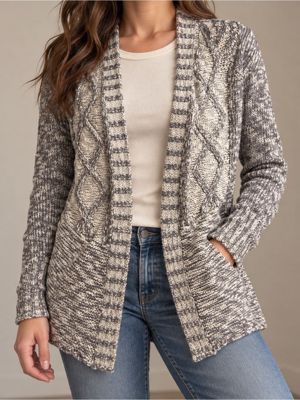 Aeropostale Marled Gray and Cream Cable Knit Open-Front Cardigan